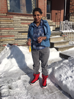 Tidying up, in red boots